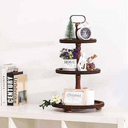 Urban Deco Wooden Tiered Tray 3-Tier Decorative Tray Stand Farmhouse Serving Tray, Round Wooden Cupcake Display Stand with Metal Handle, Brown Tiered Fruits Tray for Home Party Decorations - style: 3 tier-brown