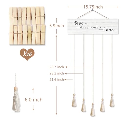 Love Makes A House Family Photo Hanging Display Board with 16 Clips, Rustic Wood Picture Collage Frame with Tassels Farmhouse Wall Decor - color: Love Makes A House