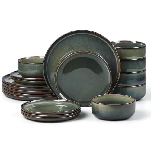 E-far Dinnerware Sets for 6, 18-Piece Stoneware Plates and Bowls Set, Ceramic Dishes Reactive Glaze Dinning Ware, Microwave & Dishwasher Safe - Obsidian Green - color: Obsidian Green, size: Service for 6