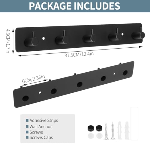 Wall Mount Coat Rack, 5-Hook Metal Towel and Hat Hook, Black | Adhesive Or Screw Mount, Rounded Smooth Hooks, Sturdy Metal, For Towels, Coats, Hats, Bags - style: "T" shape