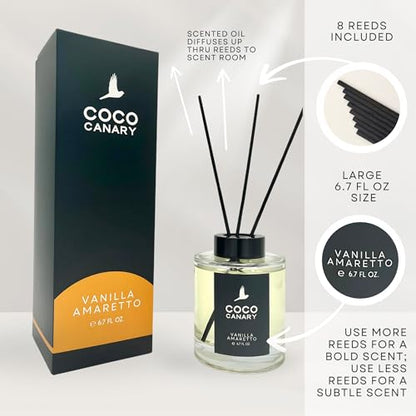 Coco Canary Reed Diffuser for Home, Warm Vanilla Amaretto, 6.7 oz | Vanilla reed diffuser; Long-lasting scent; Cozy home scent, Flameless luxury decor