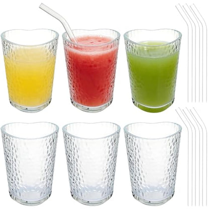 Skylety 6 Sets Heart Shaped Glass Tumbler with Straw Cute Drinking Cup Shot Glass for Juice Beer Cocktail Whiskey Summer Drinkware for Party Home Bar Club Restaurant Supplies, 5 oz(Hammered) - style: Hammered
