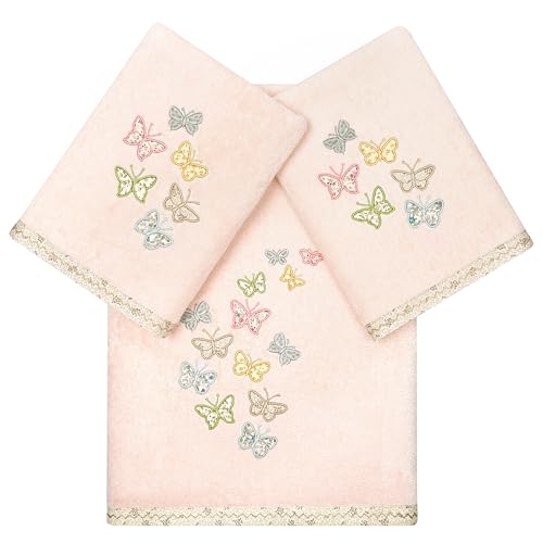 Frolic 3-Piece Towel Set, Exquisite Embroidered Butterflies, 100% Turkish Cotton, Ultra Absorbent, Cottage Decor, 1 Bath 2 Hand Towels, Blush - color: Blush, size: 1 Pc Bath 2 Pcs Hand Towel