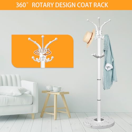 ZOZOE Metal Coat Rack Stand, Modern Coat Rack Freestanding with Natural Marble Base, 360° Rotary Design Coat Racks with 14 Hooks,White Coat Tree Hanger Stand for Bags,Hats,Entryway,Office - color: White 14 Hooks