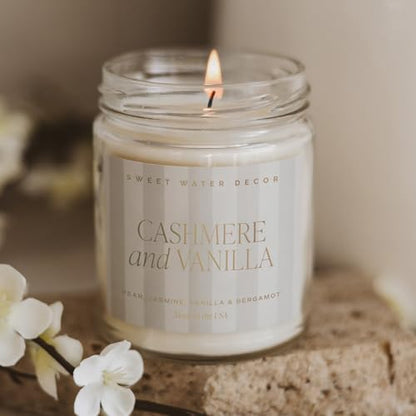 Sweet Water Decor Cashmere and Vanilla Patterned Candle – Soy Candles with Coconut, Bourbon Vanilla, Cashmere, Sandalwood, Musk – 40 Hour Burn – 9oz Clear Glass Jar – Luxury Spring Candle - style: Cashmere and Vanilla