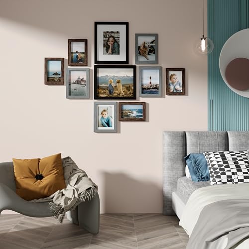 Vittanly 10 Pack Gallery Wall Frame Set, Black, Brown, Grey | Gallery Wall Frame Set: 2pcs 8x10, 4pcs 5x7 & 4pcs 4x6 Photos for Wall & Table, Picture Frames made of Engineered Wood - color: Black & Brown & Grey