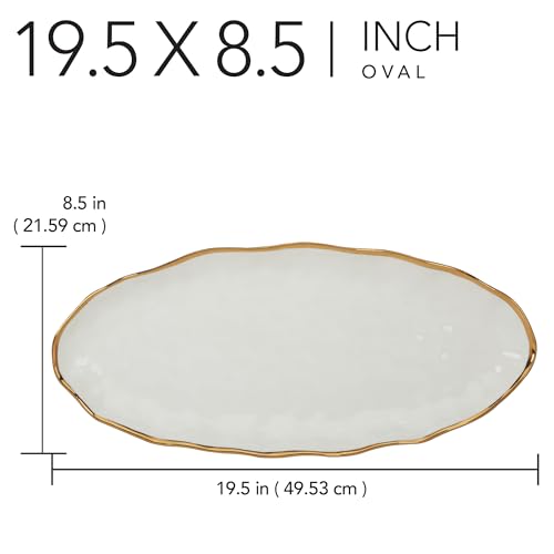 Regency Gold 19.5-Inch Porcelain Oval Fish Platter with Scalloped Edges & Metallic Gold Rim, Elegant Serving Platter for Fish, Appetizers & Side Dishes, Ideal for Entertaining, Everyday
