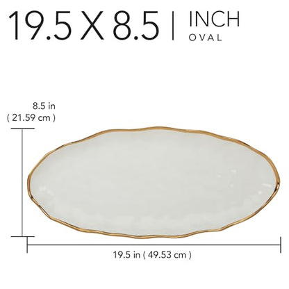Regency Gold 19.5-Inch Porcelain Oval Fish Platter with Scalloped Edges & Metallic Gold Rim, Elegant Serving Platter for Fish, Appetizers & Side Dishes, Ideal for Entertaining, Everyday