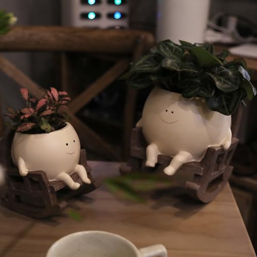 Smily Face Planter Pot Cute Resin Flower Head Planters for Indoor Outdoor Unique Sit Rocking Chair Succulent Pots Gift IdeaI for Mother and Appreciation Christmas with Drainage Hole - size: Small