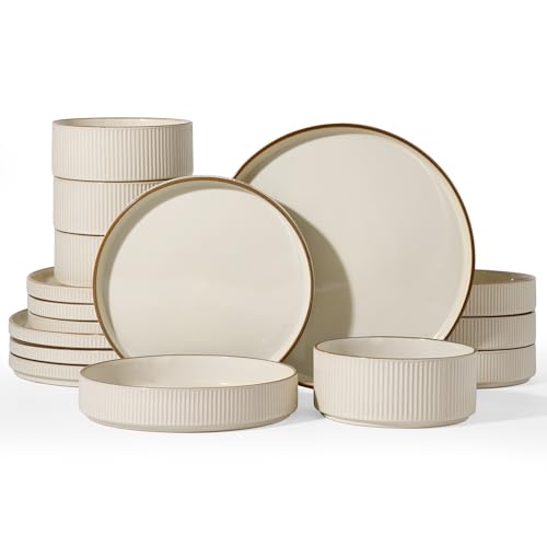 Famiware Star Stoneware Dinnerware Sets with Pasta Bowls, 16pc Dishes for 4 | Ceramic Plates and Double Bowls with Rim. Chip & Scratch Resistant. Microwave & Dishwasher Safe, Everyday & Formal Use, Cream - color: Cream, size: Service for 4 - Double Bowls