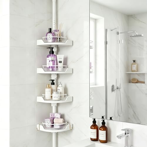 360° Rotating Tension Pole Caddy – 4-Tier Corner Shower Organizer, Height Adjustable 33"–124", Space-Saving for Bathroom, Kitchen Counter, Cabinet Gaps & Bathtub (white) - color: white
