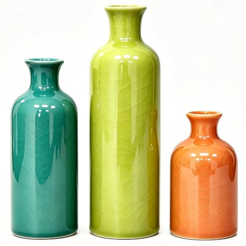 Colorful Ceramic Vase Set Home Decor - Set of 3 Flower Vases | Farmhouse Vases for Living Room,Office,Centerpiece Table Decorations, Boho Flower Mexican Pottery for Wedding