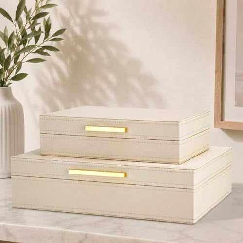 Decorative Storage Boxes with Lids, Set of 2 PU Leather Memory Box for Keepsakes, Beautiful Large Decorative Box for Home Decor – Safely Store Jewelry, Documents & Photos (Beige) - color: beige