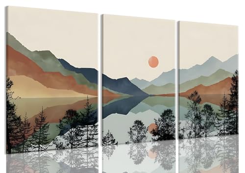 Bwodke Blue Mountain Canvas Wall Art Set of 3, 16x24 inch | Boho Watercolor Wall Decor, Blue Mountain Sun Forest Prints, Living Room Bedroom Office Art - color: Mountains Cyan Canvas, size: 16"x24"
