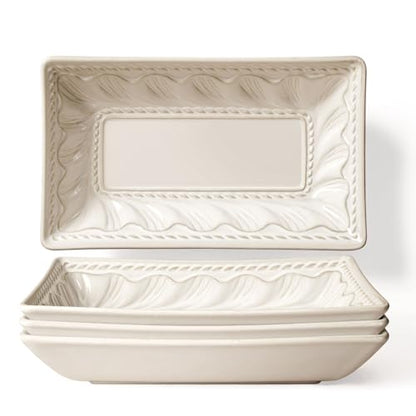 Appetizer Plates Set of 4, 8.25" Embossed Ceramic Rectangular Dessert Plates, Deep Lipped Edges, Microwave & Dishwasher Safe, Salad Sushi Snack Serving Plates (White, Willow Leaf) - color: White (Willow Leaf), size: 8.25 inch