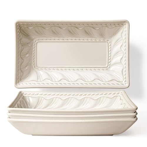 Appetizer Plates Set of 4, 8.25" Embossed Ceramic Rectangular Dessert Plates, Deep Lipped Edges, Microwave & Dishwasher Safe, Salad Sushi Snack Serving Plates (White, Willow Leaf) - color: White (Willow Leaf), size: 8.25 inch
