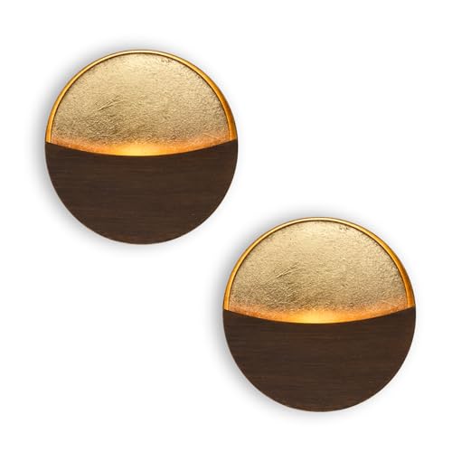 Eclipse Wall Candle Holder Set of 2, Metal Candle Sconces with Brushed Wood Grain and Gold Interior, Christmas Wall Decor for Living Room, Bedroom, and Modern Farmhouse - color: Brushed Woodgrain