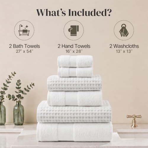 Modern Threads 6 Piece Cotton Bath Towel Set – Ultra Soft 600 GSM Towels – Bathroom Set with Hand Towels and Washcloths – Waffle (White) - color: White, size: Standard, style: Waffle