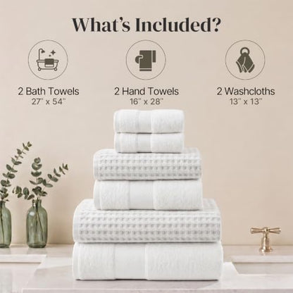 Modern Threads 6 Piece Cotton Bath Towel Set – Ultra Soft 600 GSM Towels – Bathroom Set with Hand Towels and Washcloths – Waffle (White) - color: White, size: Standard, style: Waffle