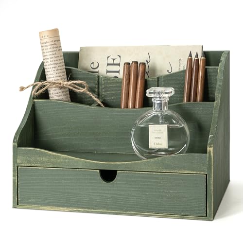 Rebee Vision Wooden Countertop Mail Organizer for Desk with 4-Slot, Green | Rustic Mail Holder for Desk Organization, Pine Wood, Drawer and Dividers, Store Jewelry, File Storage, Office Decor Aesthetic - color: B-Green