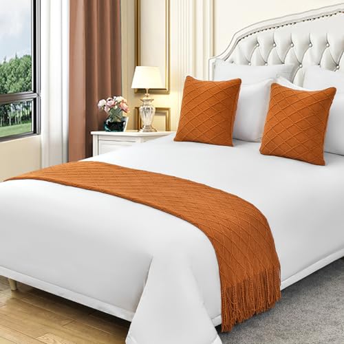 Cotton Knit Bed Runner,knitted Throw Blanket With Tassel,decorative Bedding Scarf Cover,solid Color Woven Sofa Throw Bed Runner For Hotel Home Double Single King Size Bed(King 26x102inch, Brown) - color: Brown, size: King 26x102inch