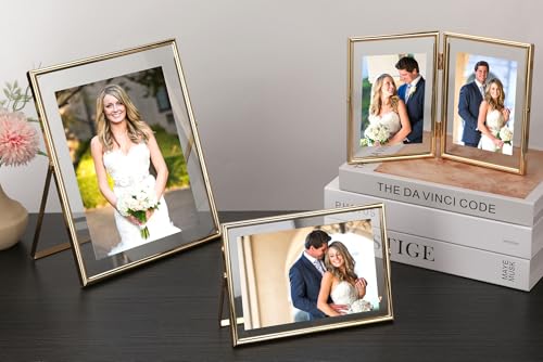 Gold 5x7 Double Floating Frame for Photo Sizes(3.5x5'',4x6''),Classy Metal Rounded Edge Frame Adjustable Tabletop/Shelf Photo Frame,for Wedding,Christmas,Birthady,Home or Office Decor. - size: 5x7'' (Double)