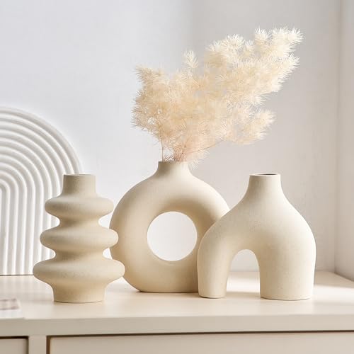 White Ceramic Vase Set of 3, Small Flower Vases for Pampas Grass | Modern Boho Vase for Decor, Round White Vases Centerpieces for Wedding Living Room Bedroom Coffee Table Dinner Table - color: White