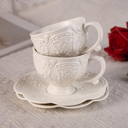 KAMMAK Tea Cups and Saucers Set of 2, 7.8 oz Porcelain Coffee Cups, 565N | Stackable Espresso Mugs, Ceramic Demitasse for Coffee, Cappuccino, Latte, Americano, Tea - size: 7KPSP565N