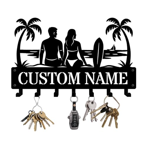 NIWAHO Personalized Key Holder Wall Mount Palm Tree Couple Silhouette Metal Key Hooks – Custom Name Wall Rack for Entryway, Kitchen, Bedroom, Anniversary or Housewarming Gifts - color: Couple Windsurfing