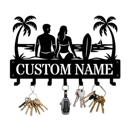NIWAHO Personalized Key Holder Wall Mount Palm Tree Couple Silhouette Metal Key Hooks – Custom Name Wall Rack for Entryway, Kitchen, Bedroom, Anniversary or Housewarming Gifts - color: Couple Windsurfing