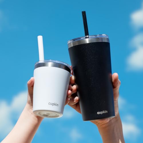CUPKIN Toddler Tumblers, The Original 12 oz Stackable Stainless Steel Cups, Set of 2 Powder Coated Insulated Kids Water Bottle Alternative + BPA Free Lids + Reusable Silicone Straws (Cobalt + Mint) - color: Cobalt + Mint, size: 12 Fl Oz (Pack of 2)