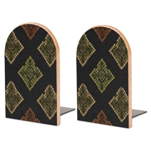 Green Snake Skin Print Bookends for Shelves Decorative Book Ends to Hold Books 2 PCS Wooden Bookends Non-Skid Book Stoppers Bookshelf Decor 6.7"x4.7" - color: Style-2
