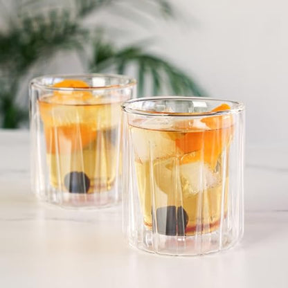 Viski Double Walled Rocks Glasses - Insulated Whiskey Tumblers with Cut Crystal Design - Dishwasher Safe 10.5oz Set of 2 - style: Double Walled Rocks