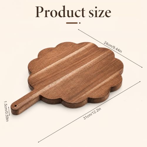 Scalloped Acacia Wood Boards with Handle, Acacia Wood Scalloped Cutting Board, Wooden Cutting Board, Round Decorative CuttingBoards for Cheese Meat Fruit Bread Baking(15.2 x 11.2 x 0.6 inch)