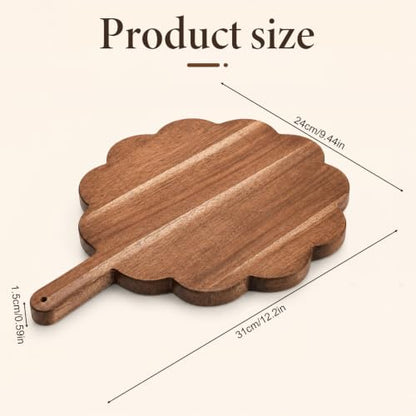 Scalloped Acacia Wood Boards with Handle, Acacia Wood Scalloped Cutting Board, Wooden Cutting Board, Round Decorative CuttingBoards for Cheese Meat Fruit Bread Baking(15.2 x 11.2 x 0.6 inch)