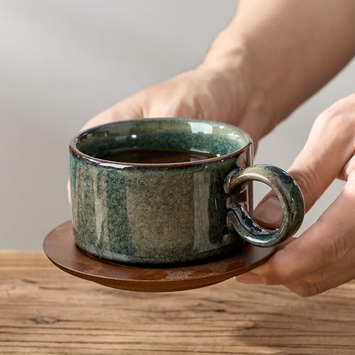 LUKA 6 Ounce Porcelain Stackable Espresso Cups with Saucers and Metal Stand Set of 4, Ceramic Cappuccino Cups Set for Specialty Coffee Drinks, Latte, Cafe Mocha and Tea, Kiln Tide Glaze - color: Kiln Tide Glaze
