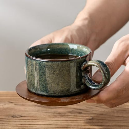 LUKA 6 Ounce Porcelain Stackable Espresso Cups with Saucers and Metal Stand Set of 4, Ceramic Cappuccino Cups Set for Specialty Coffee Drinks, Latte, Cafe Mocha and Tea, Kiln Tide Glaze - color: Kiln Tide Glaze