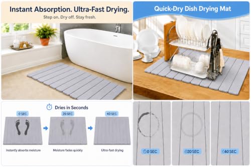 Diatomite Stone Bath Mat, Quick Drying, Foldable, Non Slip, 24x15.8", Grey