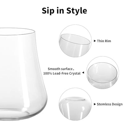 Stemless Wine Glasses Set of 4, 15oz Hand-Blown Red Wine Glass | Dishwasher Safe, No Stem Stable, Lead-Free Clear Crystal, Modern Thin Rim, Elegant Gift for Women, Birthday Wedding Party - size: 15oz - 4 PCS