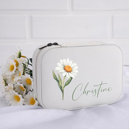 Custom Leather Jewelry Box with Name & Birth Flower Month, Birthday Gifts for Women, Personalized Jewelry Travel Case - Customized Jewelry Organizer Box, Mom Birthday Gifts, White - color: White