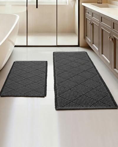 Waffle Bath Mat Set, Non Slip Bathroom Rugs 2 Piece, Gray & Dark Gray | Ultra Absorbent Long Bath Rug Runner for Bathroom Modern Decor, Machine Washable Floor Mats, 20"×47" Plus 18"×30" - color: Dark Grey & Grey