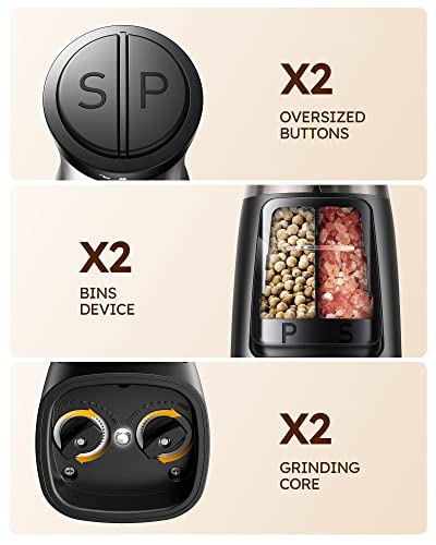 Sangcon 2-in-1 Automatic Electric Salt and Pepper Grinder with LED Light | Refillable dual 75ml chambers, 150ml capacity, one-handed buttons, adjustable coarseness, ceramic mills, battery powered - color: Battery-Operated