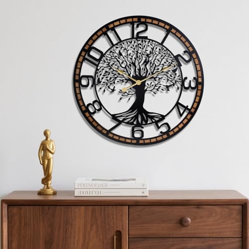 Dankeit Tree of Life Wall Clock, 24Inch Metal Black Family Tree Oversized Wood Wall Clocks for Living Room Bedroom Home Decor, Modern Silent Mid-Century Battery Operated - color: E