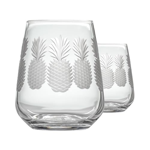 Rolf Glass Fresh Pineapple Stemless Wine Glass | 15.75oz Stemless Tumblers | Lead-Free and Diamond-Wheel Engraved | Tropical Coastal Etched Glassware with Pineapple Design | Set of 2 - color: Stemless, size: Set of 2