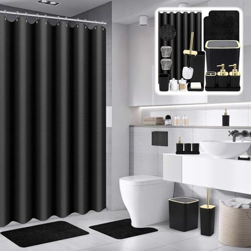 XLHOMO Bathroom Set with Shower Curtain and Rugs- 25PC Bathroom Accessory Set, Black Shower Curtain Set, Toilet Brush, Trash Can, Qtip Holder & Soap Dispenser - size: Bath Set+Shower Curtain+Rugs, style: Black&Gold
