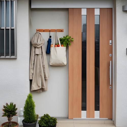 Natural Teak Wall-Mounted Coat Rack (Set of 2, 16'' Hole to Hole) - Farmhouse Entryway Hooks with 5 Wooden Hooks Each, Rustic for Bathroom, Mudroom 2P - color: Teak wood 1-2P