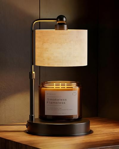 Candle Warmer lamp for 3 Wick Candles, Large Candle Warmer Lamp with Timer, Dimmable, Adjustable Height, Modern Farmhouse Linen Shade, Black Candle Warming Lamp, 2 Bulbs Included - color: Flaxen-Large