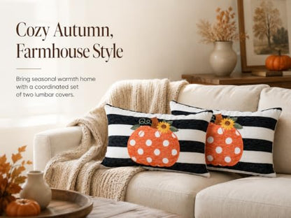 Embroidery Fall Pumpkin Pillow Covers Set of 2(Black & White,12x20) | Soft chenille, black-and-white stripe design, applique pumpkin and sunflower embroidery, hidden zipper, for sofa and bed - size: 20" x 12" (Pack of 2)