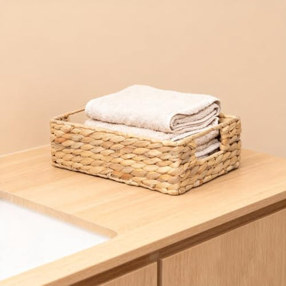 Water Hyacinth Storage Basket - Small Rustic Rectangle Woven basket Organizer with Handle for Home & Office Decor (Hyacinth) - style: Hyacinth