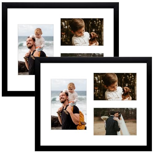 Golden State Art 11x14 Black Wood Picture Frame for 5x7 and 4x6 Photos | 3 Opening Picture Frame,White Mat included,Real Glass, Sawtooth Hanger - Wall Mounting - Great for Posters, Weddings(2 Pack) - color: Black&White Mat-2P, size: 1 5x7 And 2 4x6